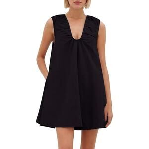 Women’s 100% Cotton Babydoll Mini Dress Sleeveless Black Size S with Pockets